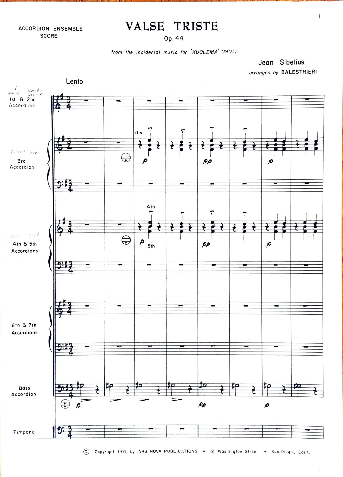 Valse Triste Op. 44 from the incidental music for 'Kuolema' (accordion ensemble)