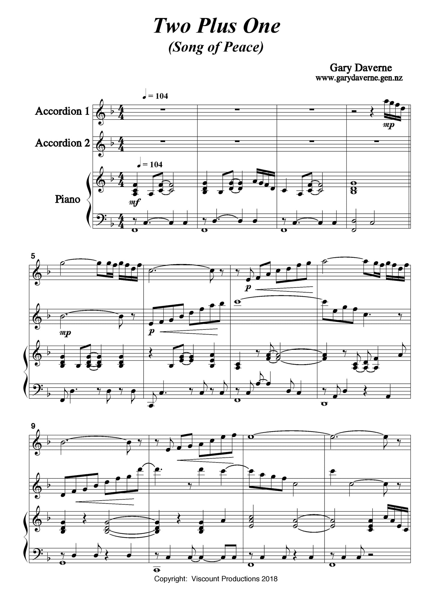 Two Plus One (Trio Song of Peace) for two accordions and piano